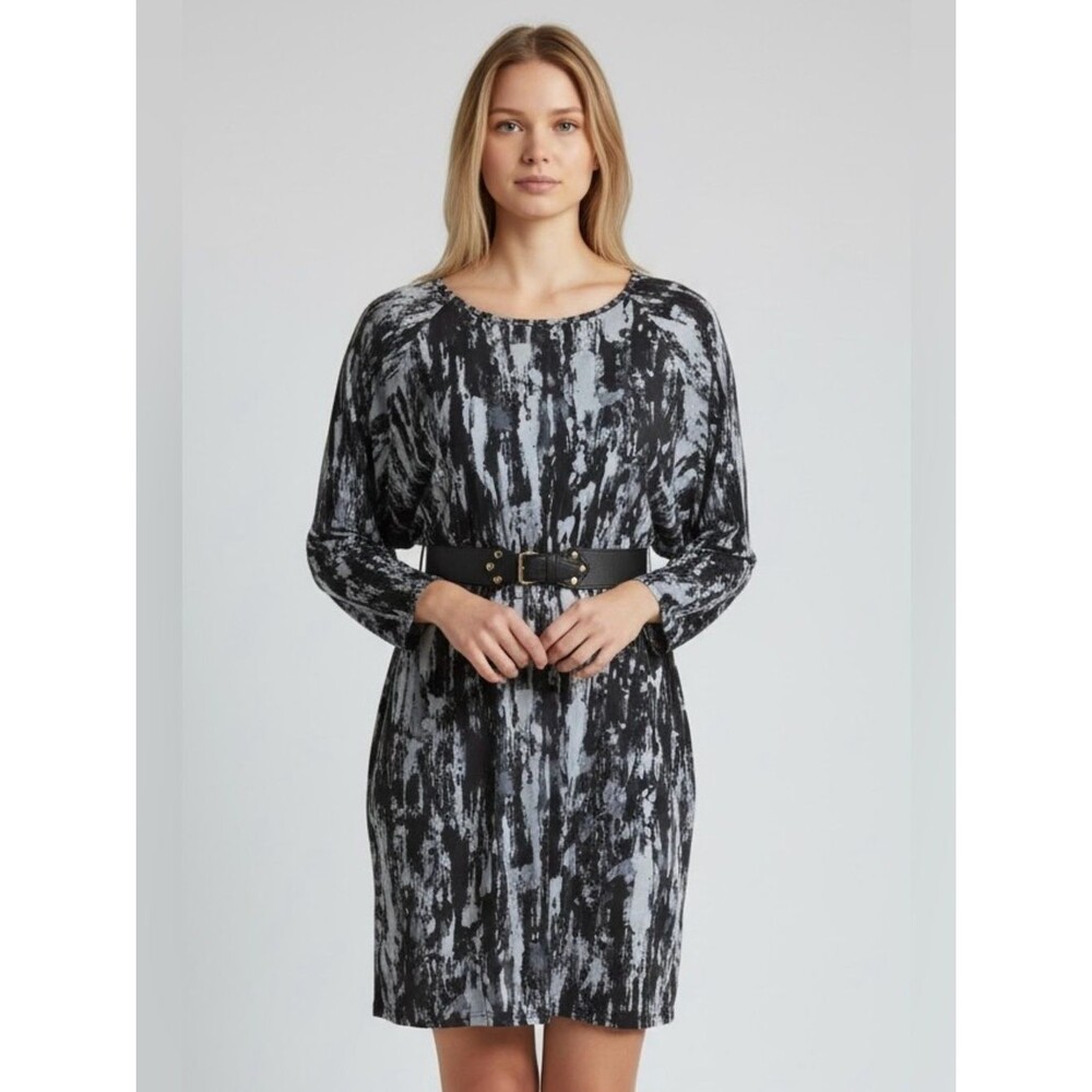 Michael Kors Blue/Black Abstract Long-Sleeve Belted Dress Women’s M NWT